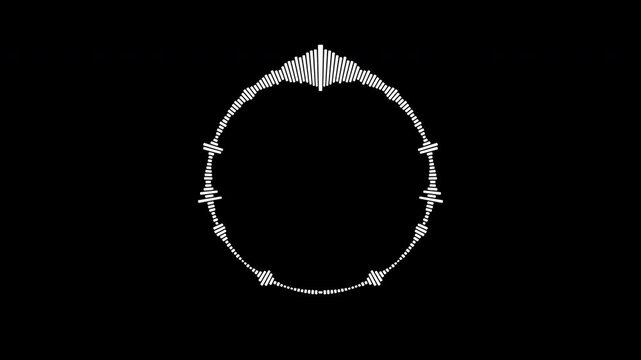 Circular white frequency wave rings glowing softly on a black background, abstract audio spectrum visualizer loop for music production, podcasts, and streaming design in Apple ProRes 4K.