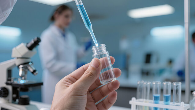 Scientist Pipetting Blue Liquid into Vial, Microscope in Foreground, Laboratory Research