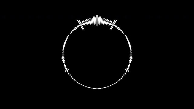 Circular white frequency wave rings glowing softly on a black background, abstract audio spectrum visualizer loop for music production, podcasts, and streaming design in Apple ProRes 4K.