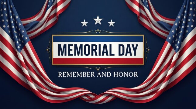 Veterans Day Memorial Day banner with American flag drapes and golden emblem for patriotic holiday celebration and national remembrance USA