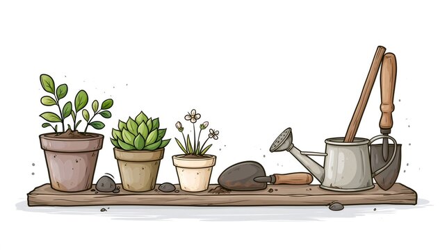Gardening tools and potted plants on wooden shelf