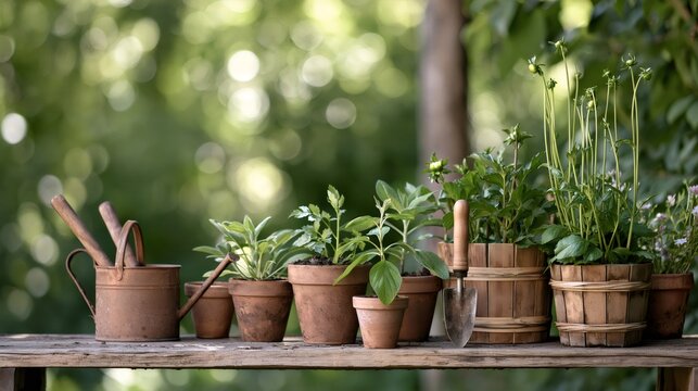 Gardening tools and potted plants on wooden bench