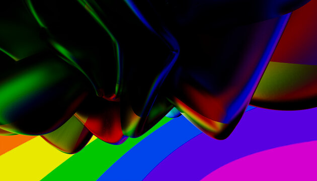 A glossy fluid shape reflects colorful neon gradients in the dark