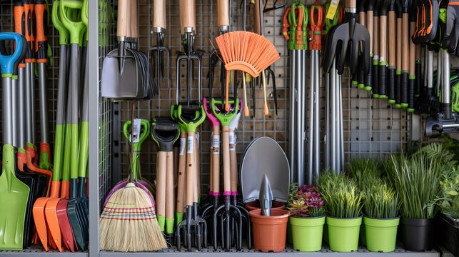 Gardening tools and equipment display in hardware store