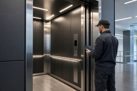 Technician holding a tablet beside an open modern elevator in a contemporary commercial building interior.