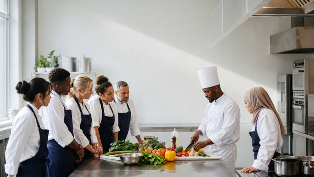 Professional chef demonstrates vegetable preparation to a diverse group of culinary students in a bright modern training kitchen.