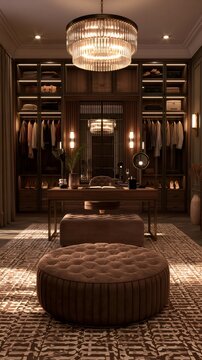 Luxury walk in closet interior design with chandelier and dressing area
