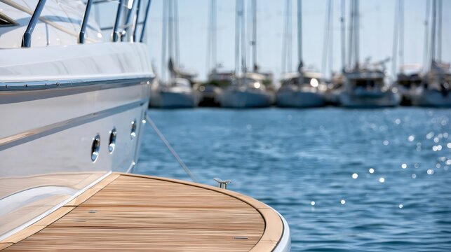 Yacht docked in marina with teak deck detail