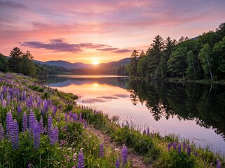 Obraz premium Serene mountain lake at sunset with blooming purple lupine flowers lining a path under colorful twilight skies.