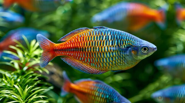 Rainbow fish swimming in tropical freshwater aquarium habitat