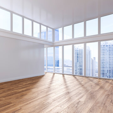 Modern empty apartment interior with panoramic city view and hardwood floor