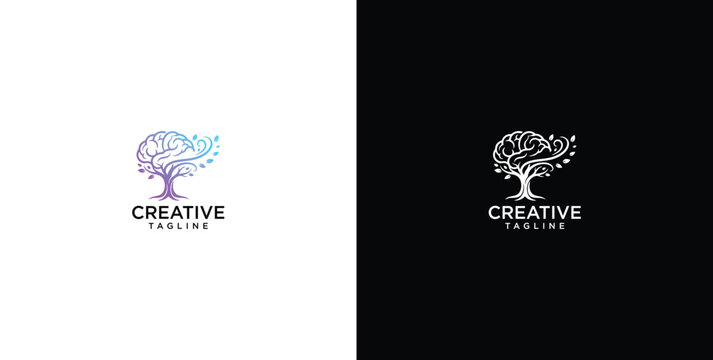 Creative tree logo design vector template featuring a brain silhouette, symbolizing growth, wisdom, and intelligence for modern corporate branding