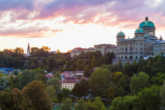 Switzerland, Bern, Federal Palace at dusk