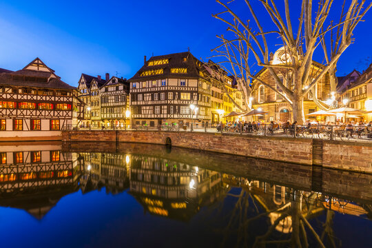 France, Alsace, Strasbourg, La Petite France, Half-timbered houses, L'Ill river, Restaurant at Place Benjamin Zix