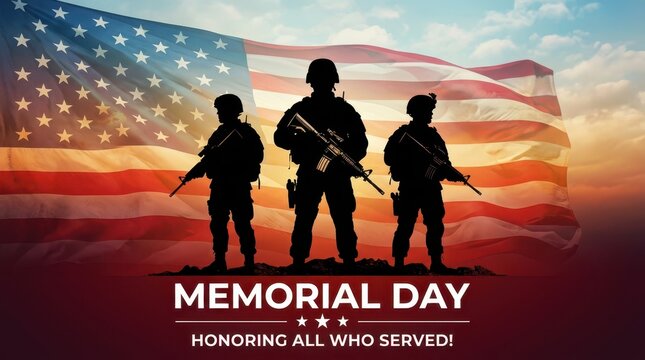 Veterans Day Memorial Day banner with soldiers standing in field against large waving American flag and golden sunset sky background USA