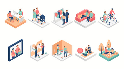 Naklejka premium Set of 10 Flat Isometric Vector Pregnant Couple and Parenting Scene Icons