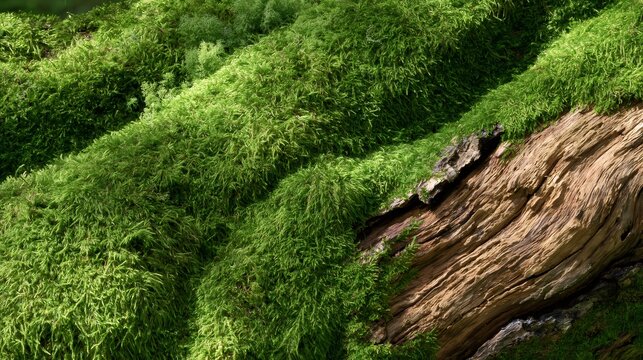 Green moss growing on old decaying log