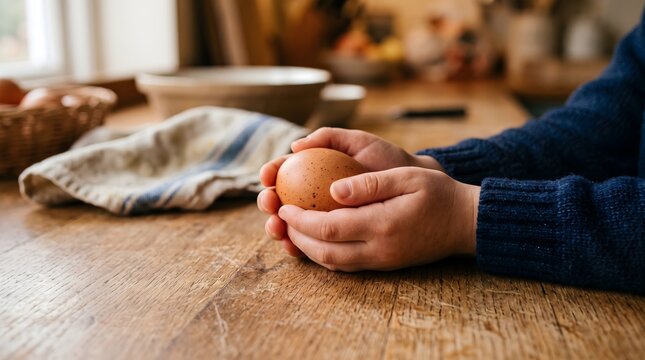 Child hands holding a fresh brown egg in a rustic kitchen setting