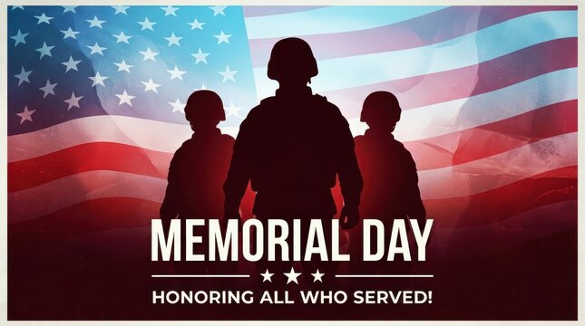 Veterans Day Soldier silhouettes standing in front of large waving American flag for Memorial Day honor and military remembrance theme USA