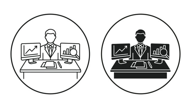 Data analyst working at desk with business charts on computer monitors icon