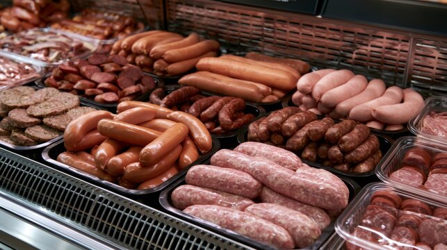 Displaying various fresh and processed meat products in a deli counter