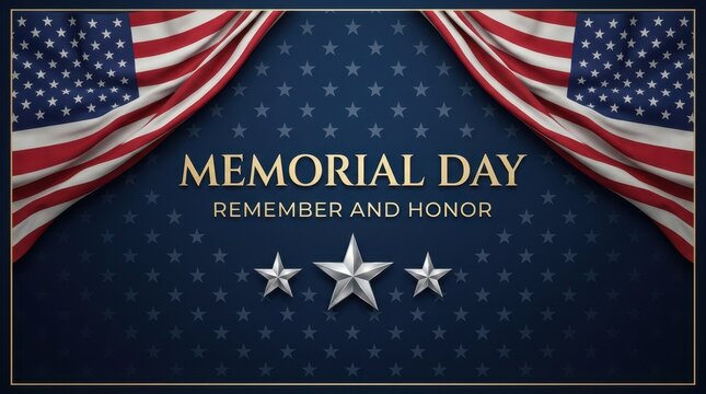 Veterans Day Memorial Day remember and honor graphic with draped American flags and silver stars on dark blue background for patriotic holiday USA
