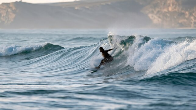 Surfer riding powerful ocean wave on a surfboard