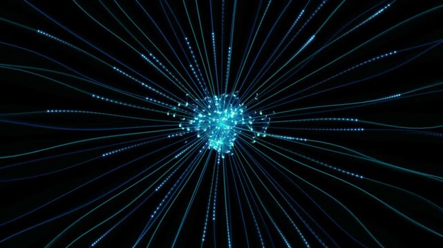 Abstract digital data flow and neural network connection background, futuristic cybernetic energy particles and fiber optic communication lines
