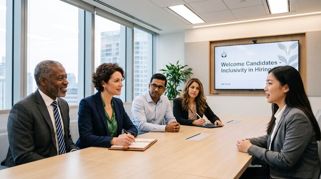 Diverse hiring panel interviews candidate in modern office with inclusivity message on screen