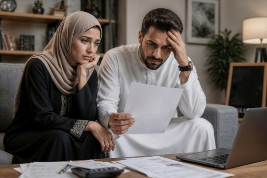 A Muslim couple sits tensely, reviewing their accounts together. They have large outstanding balances at the bank. The man holds his head, clearly tense. Bad news