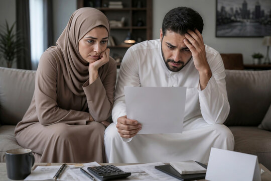 An Arab couple sits on the sofa, worried about the bad news. The woman bows her head, her eyes downcast. The man clutches the bad document, his hand to his forehead.