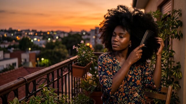 Young woman brushing her voluminous afro hair on balcony at sunset with voluminous brushing cityscape lifestyle relaxing peaceful