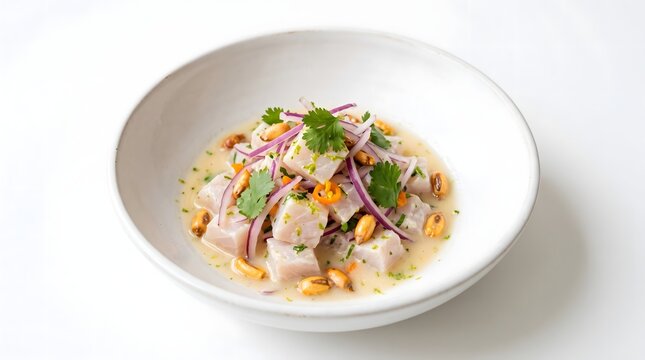 Fresh seafood ceviche with citrus dressing red onion and herbs served in a white bowl fish ceviche raw fish citrus marinade peruvian foo