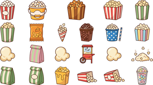 Set of Popcorn Vector Icons with Striped Box, Bucket, Bag, and Popcorn Machine for Movie Snack and Cinema Design