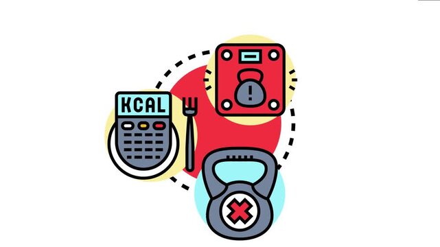 Bmi classification system analyzing weight, calorie intake, and physical activity using a scale, calculator with kcal, and a kettlebell icon