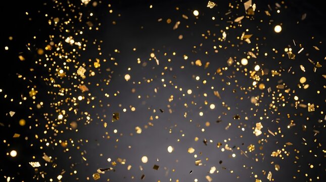 Sparkling gold confetti falling against a dark background for celebration and festive events with falling glitter
