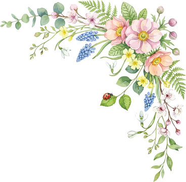 Spring floral corner frame with cherry blossoms hyacinths primroses and ladybug for feminine design and decorative cards.