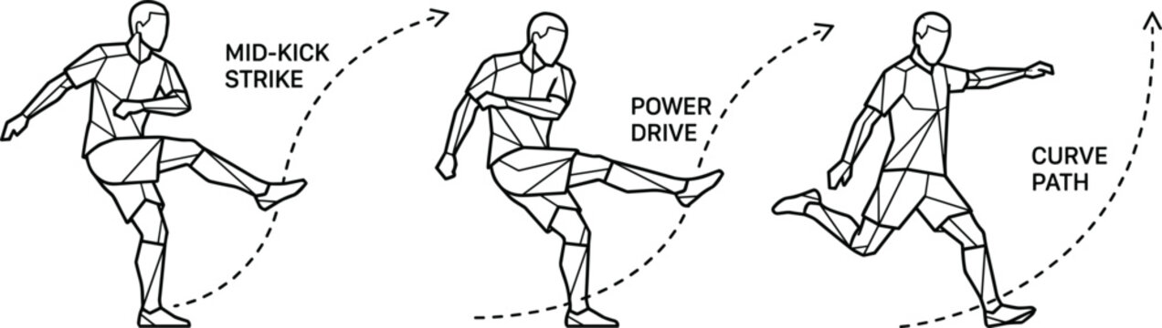 Geometric low poly soccer player kicking ball sequence vector diagram for sports training instruction