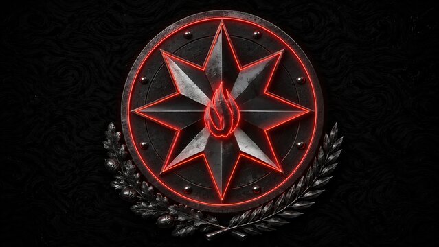 3D Illustration of Azerbaijan Military Emblem with Eight Pointed Star and Red Flame