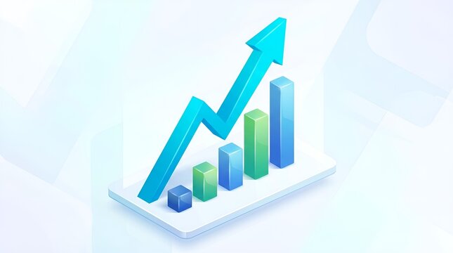 3D isometric business growth chart with rising colorful bars and blue arrow symbol