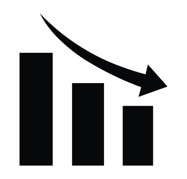 Decreasing bar chart graph with downward trend arrow  business statistics and finance icon
