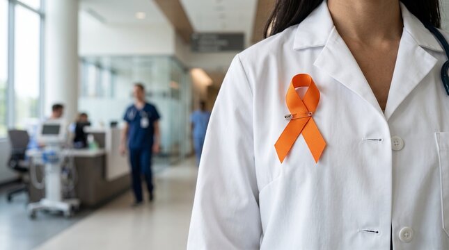 Orange awareness ribbon on doctor white coat, medical professional supporting leukemia and MS awareness, healthcare worker in hospital