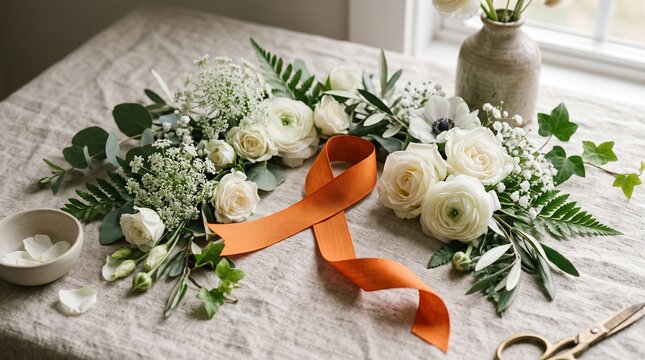 Orange awareness ribbon rests among white flowers and green foliage on a textured tablecloth, with scissors and a vase nearby.