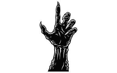 Retro horror zombie hand vector. Vintage woodcut style monster arm. Black white sketch. Scarred fingers. Armpit hair rock star icon. Punk tattoo design © MDImrul