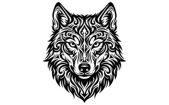 Tribal wolf head illustration. Native american style animal portrait with intricate patterns and decorative swirls. Vector tattoo art design for clothing, logo, or printing.