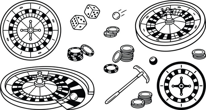 Roulette Casino Gambling Illustration Set with Roulette Wheels, Dice, Poker Chips, Betting Tokens, Ball, Croupier Tools, and Gaming Elements