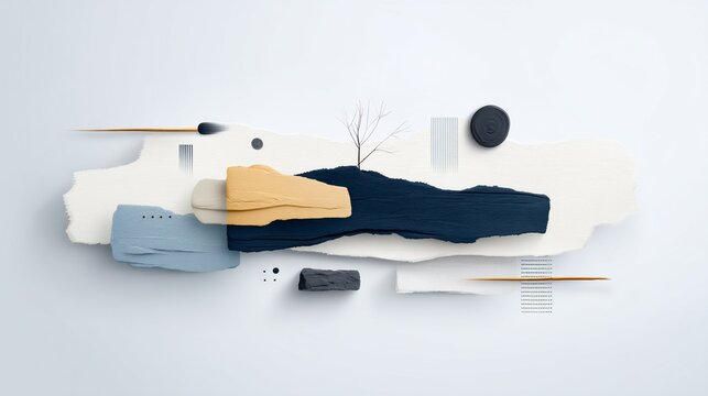 Abstract composition with layered paper and geometric elements on a light background