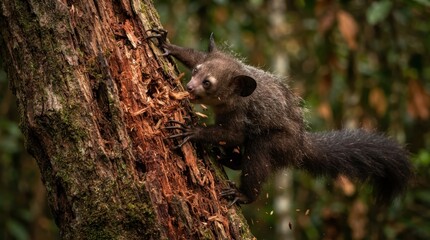 Naklejka premium Aye-aye primate foraging for insects in a decaying tree trunk in Madagascar