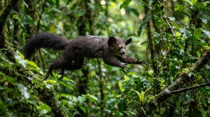 Naklejka premium Aye-aye primate leaping through lush green rainforest canopy with long fingers extended