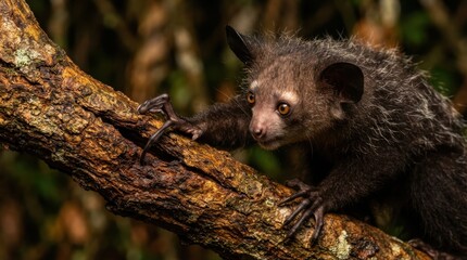 Naklejka premium Aye-aye primate with large ears and orange eyes clings to a mossy tree branch